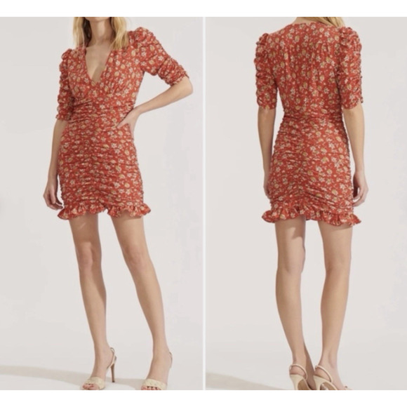 Veronica Beard Red Floral Josephine Ruched Mini Dress Womens Size 8 Silk - Picture 1 of 15